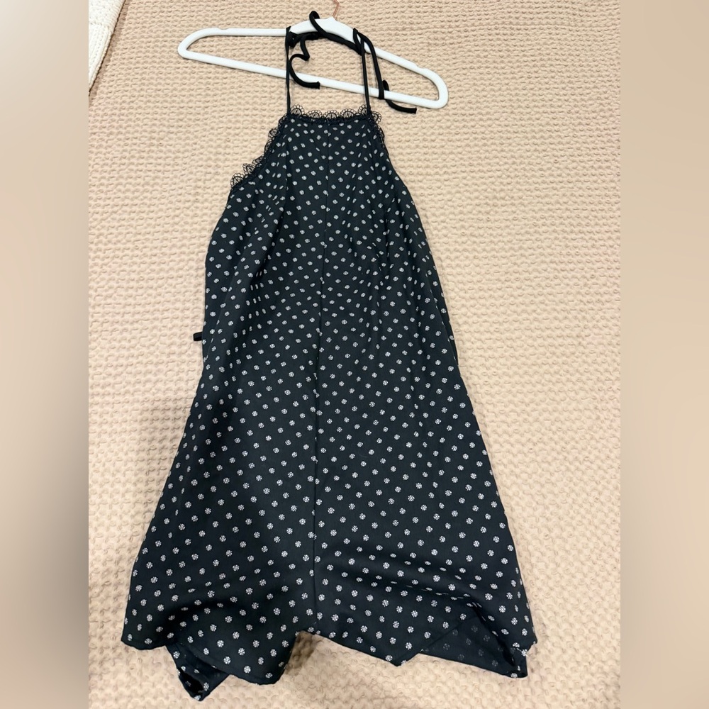 Black Polka Dot Slip Dress Romper with Lace Trim